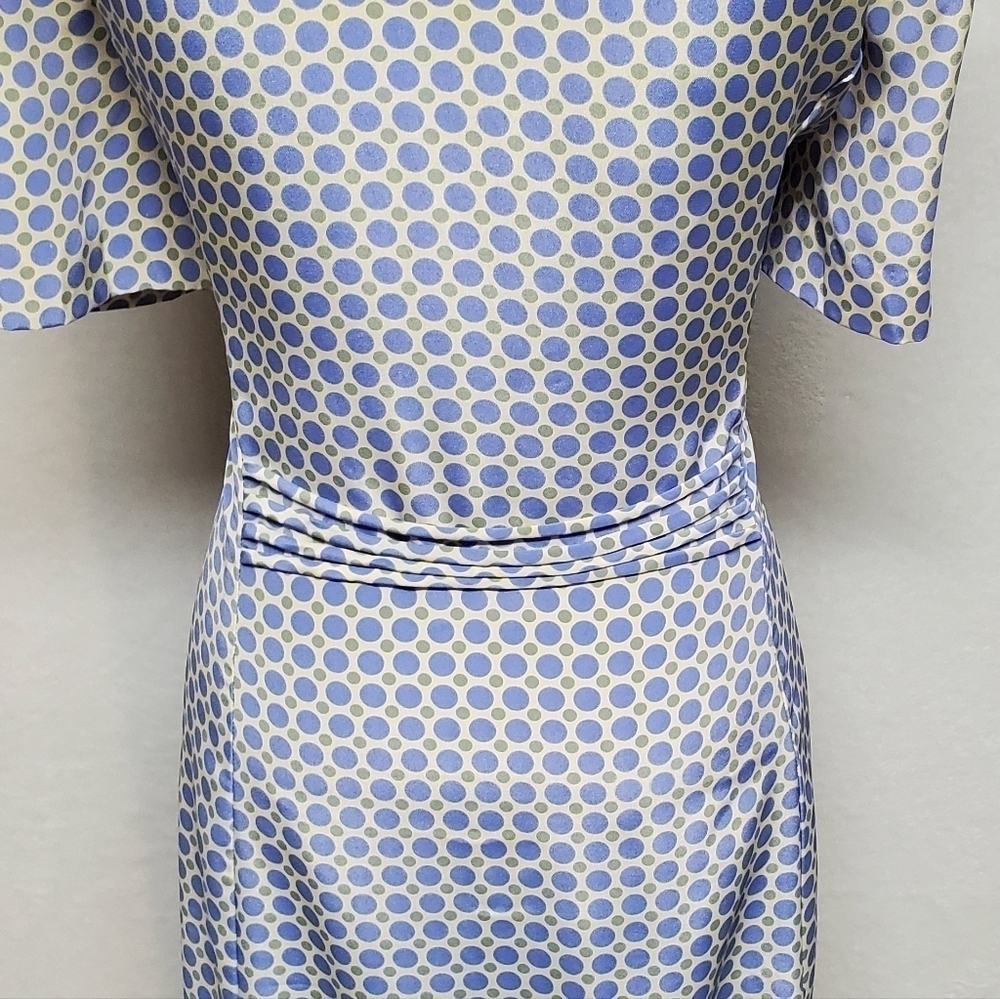 VINTAGE 1980s Leslie Fay Cornflower Blue Green Polka Dot Strappy Back Maxi Dress - Picture 12 of 14